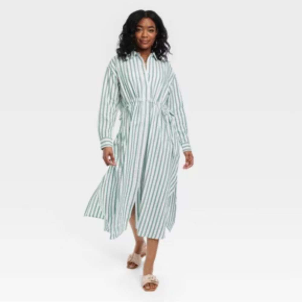 Universal Thread Green and White Long Sleeve Dress